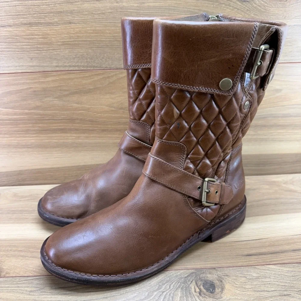 UGG Conor Mid Quilted Leather Boots 10 Buckle Biker Zip Boho Casual Mid Calf